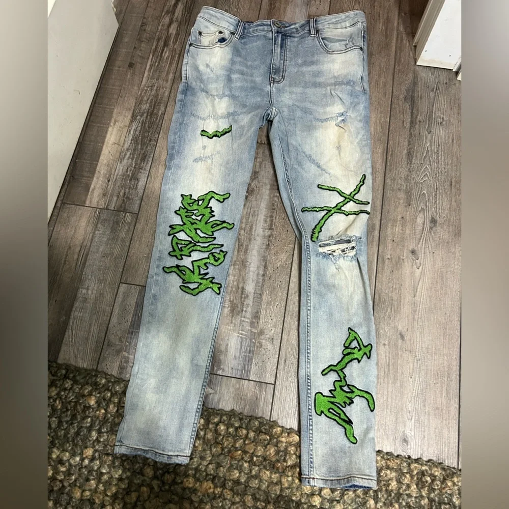 Se’renade acid washed Skinny distressed Streetwear Jeans Lime Green embroidery